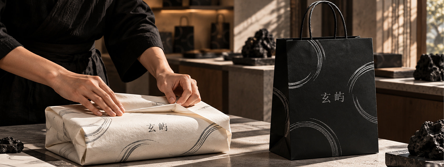 从柜台包裹到提袋离店，观察品牌在真实动作中的连续露出。