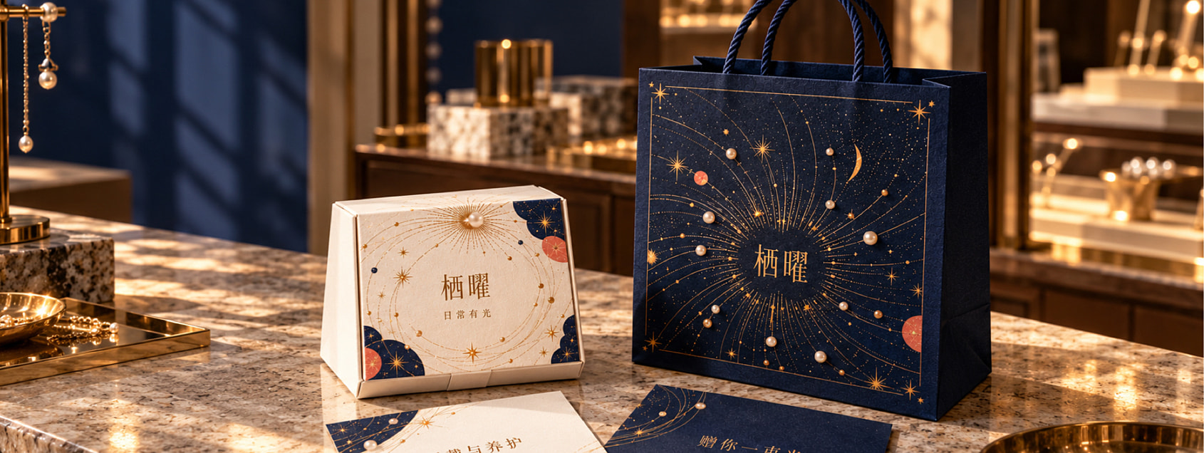 一款梯形珠宝盒连接两种卡片与手提纸袋，展示固定纸盒、变化内容的首发组合。