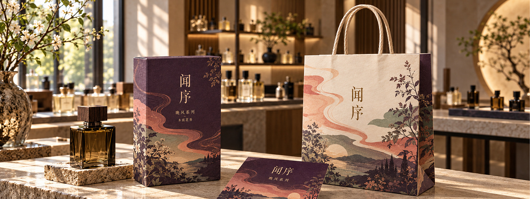 彩盒、试香卡与手提袋共用晚风轨迹，在同一画面中显示三种不同的信息任务。