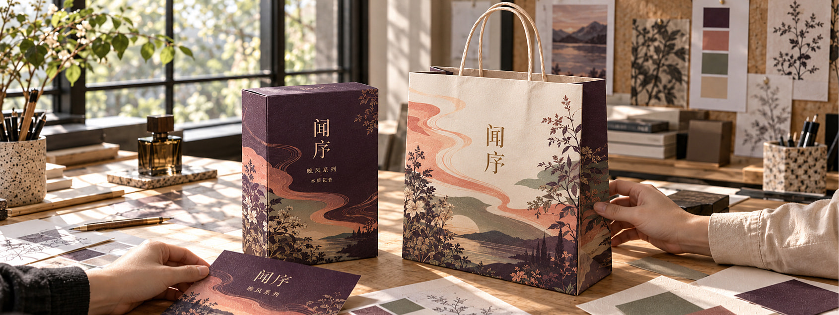 近看彩盒的品牌、系列、香调三级信息，以及纸板折边与晚风细线的关系。