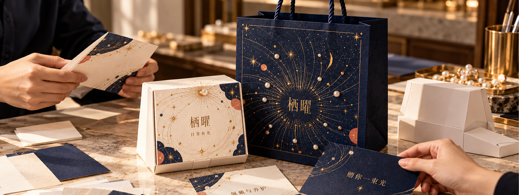 礼赠卡与纸袋回应当面送礼，样品并排时再检查字标、图形、盒型与颜色。